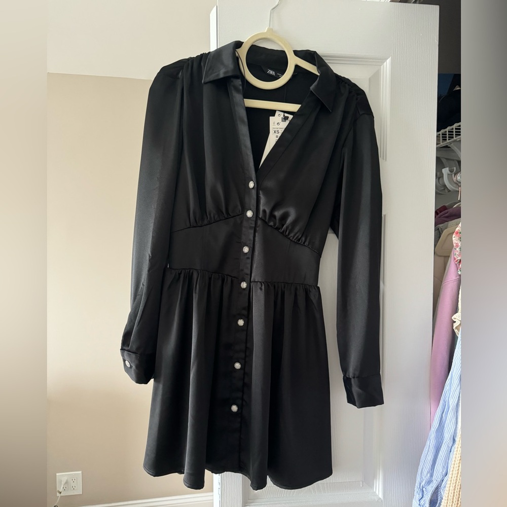 NWT Zara Satin long sleeve black dress with crystal buttons size xs